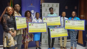 From left: Vice President and Liaison Programme Director at U.S. Elite Internationsl Keishia Thorpe, Vice Principal at Kingston College Christopher Brown, Former Olympian Vilma Charlton, Edwin Allen Champs Captain and 400m hurdles gold medallist Tonyan Beckford, Mushcett High&#039;s Champs Class Two 200m gold medallist Johan Ramaldo-Smythe and Principal at Excelsior High School Deanroy Bromfield.