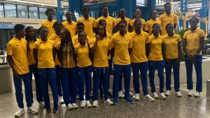 Barbados athletes share a photo opportunity.