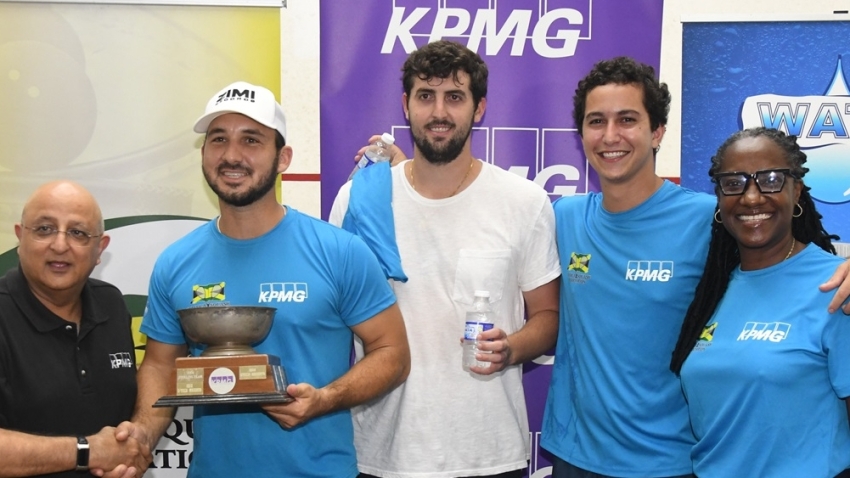Blown, winner of the 24th KPMG League share the happy moment with Tarun Handa (L) - senior partner at KPMG, Blown team members Anthony Mahfood (2ndL), Andrew Bicknell (C), Jake Mahfood (captain 2nd ) and Karen Anderson (R) - president of Jamaica Squash. Blown defeated Fantastic Warriors 2-1 to win the league for the first time.      