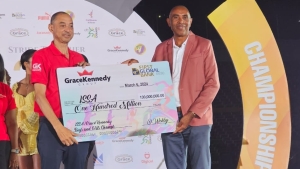 GraceKennedy CEO Don Wehby (left) and ISSA President Keith Wellington at the launch of the 2024 ISSA GraceKennedy Boys &amp; Girls Championships at the National Stadium in Kingston on Wednesday evening.