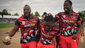 Andre Russell, Sherfane Rutherford and Carlos Brathwaite celebrating the win for the Montreal Tigers.