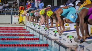 Swimmers on their marks.