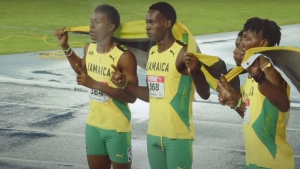 Jamaica&#039;s victorious Under-20 Boys 4x400m team of (from left) Malique Smith-Band, Delano Kennedy, Jasauna Dennis and Roshawn Clarke.
