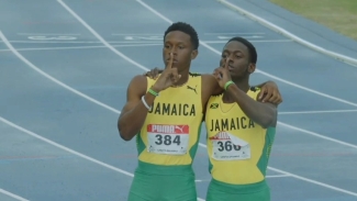 Jamaica&#039;s Malique Smith-Band (left) and Javorne Dunkley (right) after finishing first and second in the Under-20 Boys 200m.