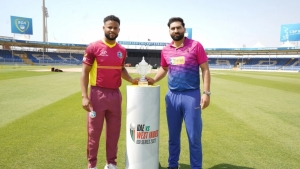 Shai Hope and Muhammad Waseem with the series trophy.