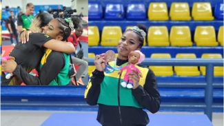 Tyesha Mattis shows off her historic bronze medal at the CAC Games in El Salvador. (Inset) An emotional Mattis is embraced by her mother Charmaine Clarke