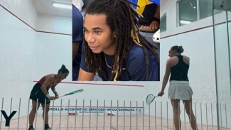 Margot Prow (right) of Barbados in action against Guyana&#039;s Nicolette Fernandes during the women&#039;s singles final at the Caribbean Senior Squash Championships in Cayman Islands on Tuesday. (Inset) Male singles champion Khamal Cumberbatch also of Barbados.