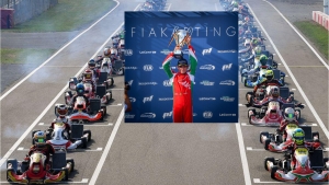 The start of the FIA Karting World Champs final in Wackersdorf, Germany on Sunday. (inset) Jamaica&#039;s Alex Powell hoist his runner-up trophy.