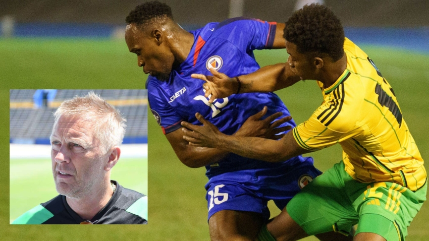 Jamaica&#039;s Demarai Gray (right) and Haiti&#039;s Steven Seance challenge for possession during their Concacaf Nations League fixture at the National Stadium on Tuesday. (Inset) Jamaica&#039;s Head coach Heimir Hallgrimsson.