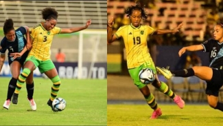 Reggae Girlz Malikae Dayes (left) and Davia Richards in action against Guatemala.