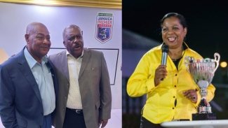 JFF presidential candidates Michael Ricketts and Raymond Anderson (left) and Pat Garel, president of Beach Soccer Jamaica.