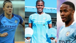 (from left) Lucy Bronze, Khadija Shaw and Raheem Sterling.