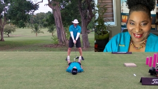 Canadian professional golfer and celebrity entertainer Todd Keirstead demonstrates one of his many trick shots. Inset is Maureen Barnes-Smith. 