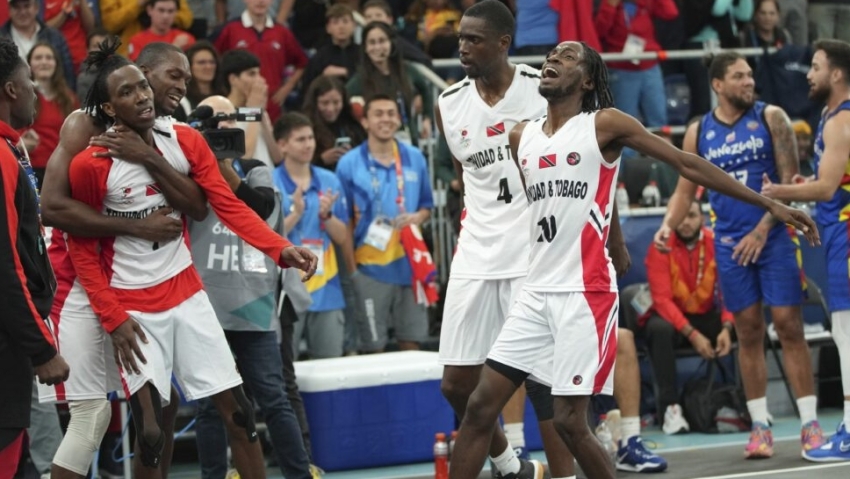 Trinidad and Tobago basketball players celebrate the historic feat