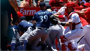 Benches clear in clash between Angels and Mariners after seemingly intentional hit-by-pitch