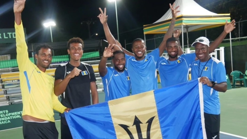 Barbados&#039; Davis Cup team celebrating their hard-fought 3-2 Davis Cup victory over hosts Jamaica at the Eric Bell Tennis Centre on Sunday.