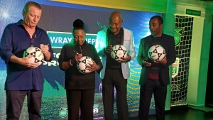 From left: J. Wray &amp; Nephew Ltd. Managing Director Jean-Philippe Beyer, Minister of Culture, Gender, Entertainment and Sport the hon. Olivia &#039;Babsy&#039; Grange, Jamaica Football Federation President Michael Ricketts and Jamaica Football Federation Technical Committee Chairman Rudolph Speid at Thursday&#039;s announcement of the Wray &amp; Nephew Football Programme at the Wray &amp; Nephew headquarters in Kingston.
