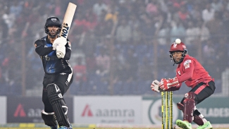 Brandon King plays a shot during his knock of 45 as Fortune Barishal wicket-keeper Mushfiqur Rahim looks on.
