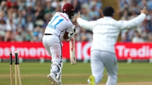 Brathwaite bowled for duck in the West Indies&#039; second innings at Edgbaston.