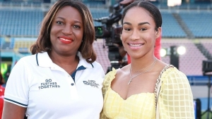 Williams (right) with First Global Bank&#039;s Chief Operating Officer Terry-Ann Graver at the launch of the 2024 ISSA/GraceKennedy Boys and Girls Championships at the National Stadium in Kingston on Wednesday.