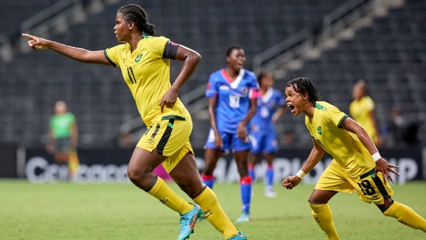 Bunny Shaw celebrates after scoring one of her two goals that sent Jamaica back to their second FIFA Women&#039;s World Cup.