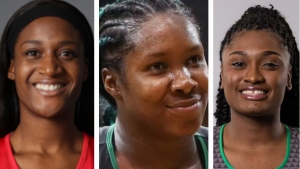 (from left) Sasha Corbin of Barbados; Jamaica&#039;s Jhaniele Fowler and Shaquanda Green-Noel of Trinidad and Tobago.