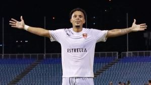 Cibao&#039;s Rivaldo Correa celebrates one of his two goals.