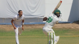 Chadwick Walton facing a delivery from Sion Hackett during the 2024 West Indies Championship round two game between the Jamaica Scorpions and Combined Campuses and Colleges at Sabina Park.