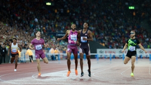 Roshawn Clarke (fourth from the left) all smiles after claiming the win at the Zurich Diamond League on Thursday.