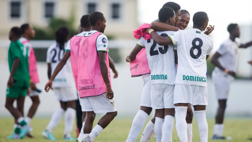 Dominica players celebrate after edging BVI 2-1.