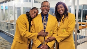 2023 World 100m hurdles champion Danielle Williams (left), Coach Lennox Graham and Shermaine Williams celebrate being inducted into the Johnson C Smith University&#039;s Athletics Hall of Fame on Friday, September 8.