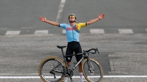 Evenepoel celebrates in picture-perfect fashion after Olympics road race gold