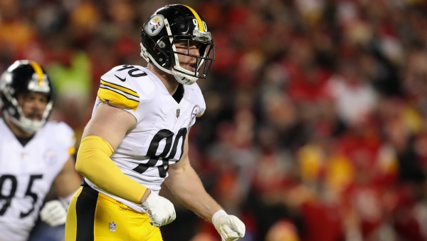 T.J. Watt of the Pittsburgh Steelers stretches prior to an NFL