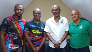 (From right) Joseph Apparicio, Good Morning Jojo sports show host; CEO of the Antigua and Barbuda Falcons, Jeff Miller; Veron Springer, Public Relations and Operations Manager, and sports show co-host, Samuel Peters. 