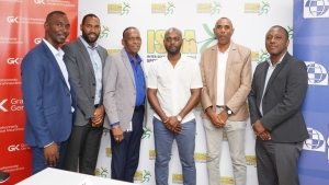 (L-R) Chaluk Richards, General Manager of GraceKennedy General Insurance; Kareem Tomlinson, Managing Director of GK Investment; Willford Heaven, President of the Jamaica Cricket Association; Dr. Kishore Shallow, President of Cricket West Indies; Keith Wellington, President of the Inter-Secondary Schools Sports Association (ISSA); and Radcliffe Daley, President and CEO of First Global Bank at the launch of the ISSA/Grace Shield held at GraceKennedy HQ in Kingston.