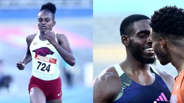Left: Nickisha Price on the way to her first national title. Right: Two-time national champion, Sean Bailey (left) being congratulated by third-place finisher Jevaughn Powell.