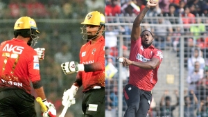 (Left) Comilla Victorians pair Towhid Hridoy and Litton Das and (right) Fortune Barishal&#039;s Obed McCoy.