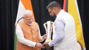 ndian Prime Minister Narendra Modi is shown the Global Super League trophy by Guyana President Dr Mohammad Irfaan Ali at a cricket event which was part of the Indian leader&#039;s state visit to Guyana. 