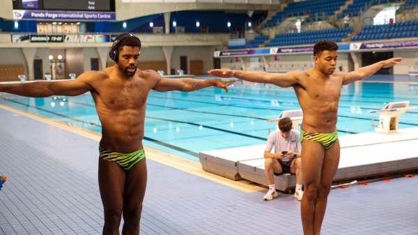 Jamaica&#039;s diving flag-bearer Yona Knight-Wisdom (left) and teammate Yohan Eskrick-Parkinson practice their synchro techniques during a training session recently