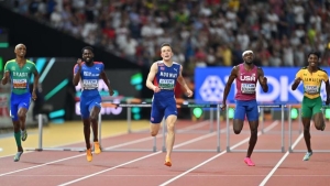 (From left) Brazil&#039;s Alison Dos Santos, BVI&#039;s Kyron McMaster, Karsten Warholm of Norway, American Rai Benjamin and Jamaica&#039;s Roshawn Clarke in the closing stages of the men&#039;s 400m hurdles final in Budapest, Hungary on Wednesday.