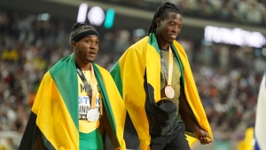 Jamaica&#039;s Wayne Pinnock and Tajay Gayle (right) after winning silver and bronze in the men&#039;s long jump final in Budapest, Hungary on Thursday.