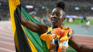 Shericka Jackson after claiming 200m gold in at the World Championships in Budapest.