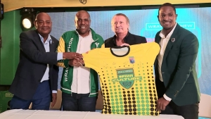 (from left) JFF president Michael Ricketts; Christopher Williams, PFJL&#039;s chairman; Wray and Nephew&#039;s managing director Jean-Philippe Beyer, and PFJL&#039;s CEO, Owen Hill, during the Jamaica Premier League launch at Dominica Drive on Tuesday.