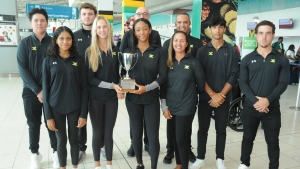 Jamaica team to the 66th Caribbean Amateur Golf Championship who left the island on Sunday for Trinidad &amp; Tobago. Front row L - R Anoushka Katri, Mattea Issa, Emily Mayne, Jodi Munn-Barrow.  Back row L-R Ryan Lue, Rocco Lopez, Dr. Mark Newnham (team manager), Zandre Roye, Aman Dhiman and Justin Burrowes.   