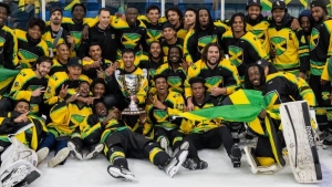 Jamaica&#039;s Ice Hockey team celebrate their Challenge Series win.