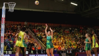 Australia&#039;s Steph Wood shoots during their semi-final game against Jamaica in Cape Town, South Africa on Saturday.