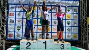 (From left) Arielle Greaves of Barbados, Jamaica&#039;s Melaika Russell and Bermuda&#039;s Charlotte Millington share the podium.