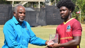 Johnson receiving his Player of the Match Award following his unbeaten 40 that led the West Indies Academy to a seven-wicket victory over Emerging Ireland.