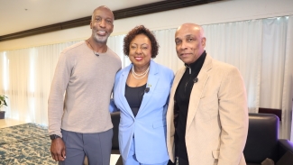 JOA President Christopher Samuda (r) with Jamaican sports minister Olivia Grange and GST founder Michael Johnson at the launch of the Jamaican leg of the series at the Jamaica Pegasus in Kingston on Monday.