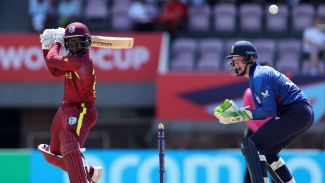 Jordan Johnson of West Indies plays a shot as Jack Carney of England keeps during the ICC U19 Men&#039;s Cricket World Cup South Africa 2024 match between England and West Indies at JB Marks Oval on January 26, 2024.